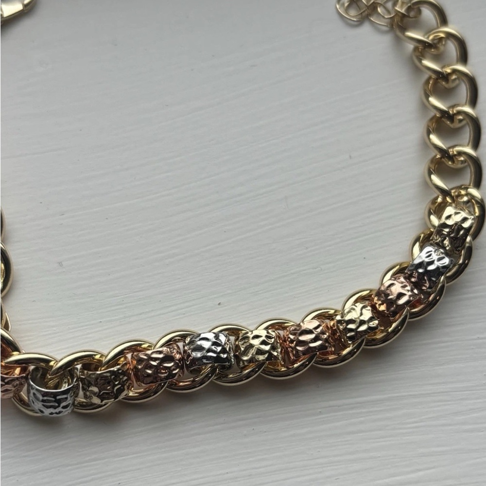 Gold Plated Chunky Chain Bracelet Mixed Metal Textured Links Statement Toggle - Picture 9 of 10
